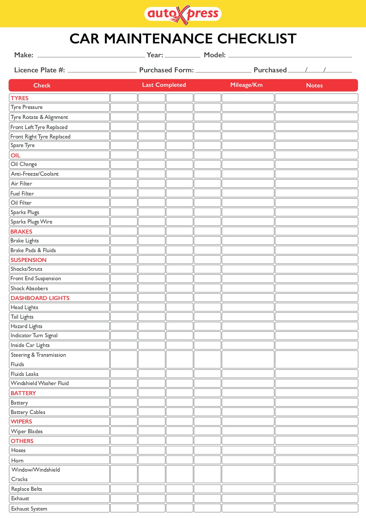 Car Maintenance Checklist Printable Vehicle Maintenance Schedule 